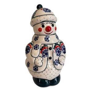 Boleslawiec Polish Pottery Hand Painted Evergreen Snowman Figurine 6” Tall